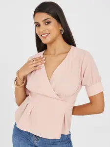 Styli V-Neck Puff Sleeves Wrap Top