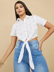 Styli Floral Printed Waist Tie-Up Shirt Style Top