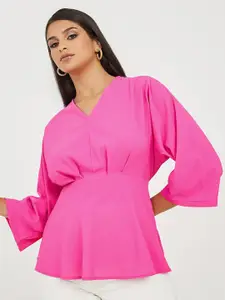 Styli Pink Flared Sleeved Cinched Waist Top