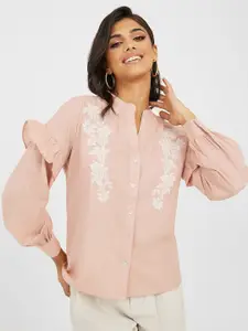 Styli Floral Embroidered Mandarin Collar Shirt Style Top