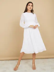 Styli Self Design Puff Sleeves Midi A-Line Dress
