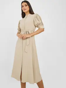Styli Band Collar Puff Sleeves Belted Midi Dress