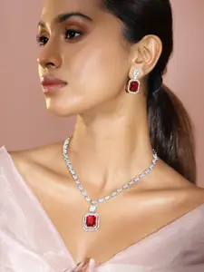 Rubans Rhodium-Plated Ruby Red & White Cubic Zirconia Studded Necklace Set