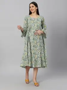 Aanyor Floral Printed Flared Sleeves Maternity Cotton A-Line Midi Dress