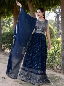 Chhabra 555 Navy Blue Foil Printed Flared Embellished Gown With Dupatta