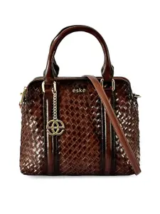 eske Women Tan Braided 3 Compartments Shoulder Strap Textured Leather Satchel Handbag