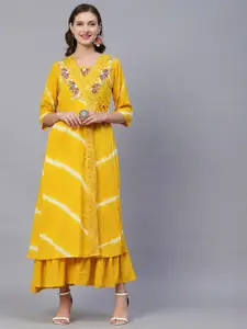 FASHOR Yellow Colour Tie & Die Dyed Embellished Cotton Layered Fit & Flare Ethnic Dress