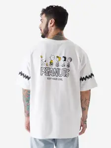 The Souled Store White Graphic Printed Drop-Shoulder Sleeves Oversized Pure Cotton T-Shirt