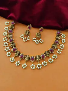 Pihtara Jewels Gold-Plated Stone-Studded  & Beaded Necklace & Earrings