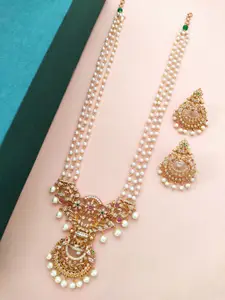 Pihtara Jewels Gold-Plated Long Pearl Necklace with Earrings