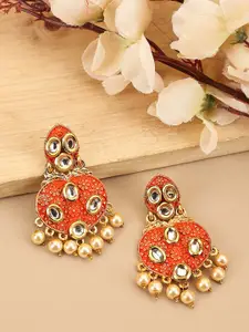 ANIKAS CREATION Gold Plated Contemporary Kundan Studded & Beaded Drop Earrings