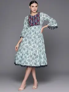 Indo Era Floral Embroidered Bell Sleeve A-Line Cotton Midi Dress