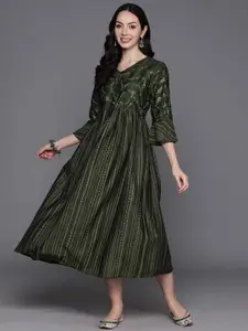 Indo Era Floral Embroidered Sequinned Bell Sleeves A-Line Midi Ethnic Dress
