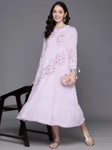 Indo Era Floral Embroidered Puff Sleeve A-Line Midi Dress