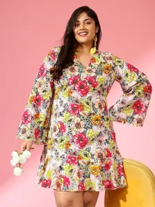 CURVE BY KASSUALLY Pink & Yellow Floral Printed Bell Sleeve A-Line Dress