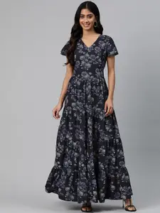 Cottinfab Floral Print Flared Sleeve Crepe Maxi Dress