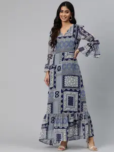 Cottinfab Ethnic Motifs Print Bell Sleeve Georgette Maxi Dress