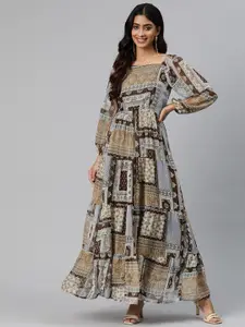Cottinfab Ethnic Motifs Print Puff Sleeve Georgette Maxi Dress