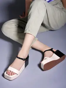 Shoetopia Colourblocked Wedge Heels With Buckles
