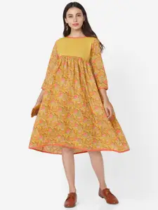 KALINI Floral Printed Three-Quarter Sleeves Cotton A-Line Dress