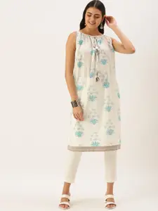 KALINI Floral Printed Tie Up Neck Cotton Kurta