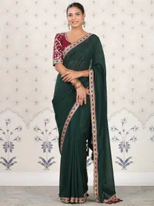 Ode by House of Pataudi Green & Silver-Toned Embroidered Border Saree