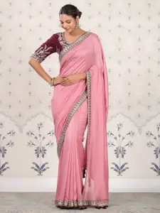 Ode by House of Pataudi Pink & Silver-Toned Embroidered Embroidery Detailed Saree