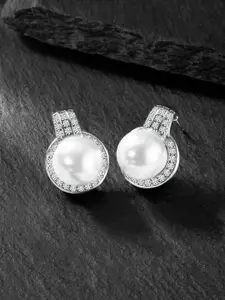 Peora Silver-Plated Contemporary Cubic Zirconia & Beaded Studs Earrings