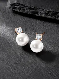 Peora Rose Gold-Plated Contemporary Cubic Zirconia & Bead Studs Earrings