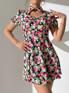StyleCast Black Floral Printed Cut-Outs Puff Sleeves Fit & Flare Mini Dress