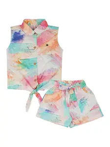 Actuel Girls Abstract Printed Pure Cotton Top With Shorts
