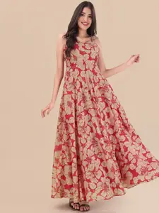 Inddus Red Floral Printed Sweetheart Neck A-line Maxi Dress