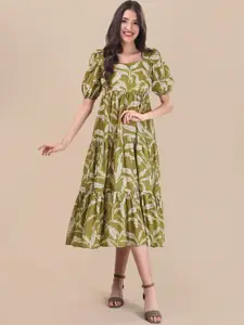 Inddus Green Floral Printed Fit And Flare Puff Sleeves Tiered Ethnic Dresses