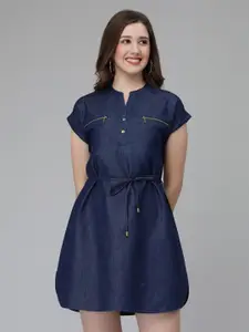 Wool Trees Mandarin Collar Extended Sleeves Belted Cotton A-line Dress