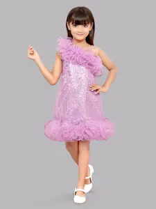 Pink Chick Girls Sequined One Shoulder Ruffle Detailed Sleeveless A-Line Dress