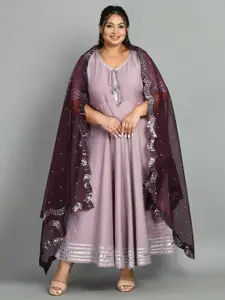 PrettyPlus by Desinoor.com Plus Size A-Line Ethnic Dress With Mirror Work Dupatta