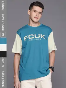 FCUK Pack of 3 Brand Logo Printed Drop-Shoulder Sleeves Oversized Fit Pure Cotton T-shirt