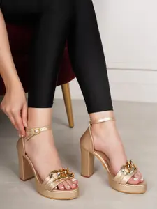 Shezone Open Toe Embellished Block Heels With Ankle Loop