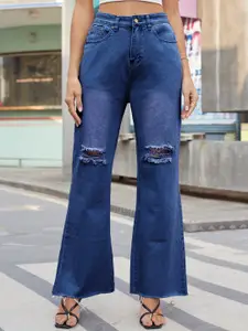 StyleCast Women Navy Blue High-Rise Mildly Distressed Light Fade Wide Leg Jeans