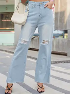 BoStreet Women Blue High-Rise Mildly Distressed Light Fade Wide Leg Jeans