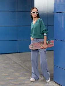 Harvard Solid V-Neck Crop Sweatshirt