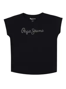 Pepe Jeans Girls Typography Embellished Extended Sleeves Pure Cotton T-shirt