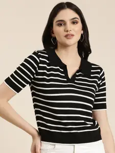 SHOWOFF Shirt Collar Striped Cotton Top