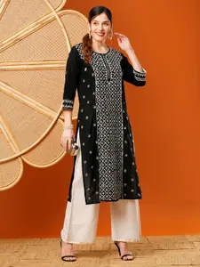ADA Floral Embroidered Thread Work Cotton A-Line Kurta