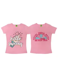 Clothe Funn Girls Pack Of 2 Typography Printed Cotton T-shirt