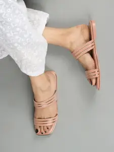 ELLE Striped Double Strap Open Toe Flats