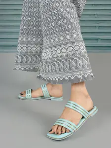 ELLE Striped Double Strap Open Toe Flats