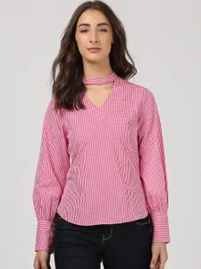 Harpa Women Pink Checked Pure Cotton Top