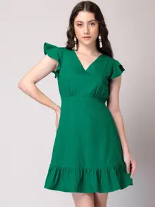FabAlley Green Flutter Sleeve Fit & Flare Cotton Dress