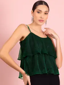 FabAlley Green Self Design Shoulder Straps Layered A-Line Top